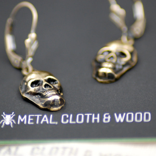 Gold Skull Dangle Earrings -- Handmade Cute Goth Brass Skull Drop Earrings with Gold Filled Leverbacks
