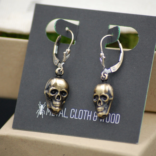 Gold Skull Dangle Earrings -- Handmade Cute Goth Brass Skull Drop Earrings with Gold Filled Leverbacks