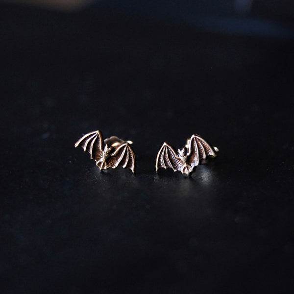 Antiqued or Bright Gold Bat Stud Earrings with Brass Bats and Sterling Silver Posts and Earring Backs