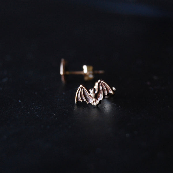Antiqued or Bright Gold Bat Stud Earrings with Brass Bats and Sterling Silver Posts and Earring Backs