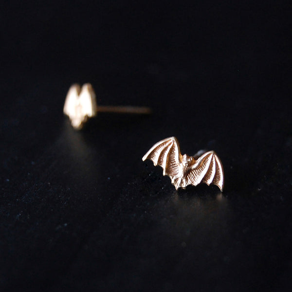 Antiqued or Bright Gold Bat Stud Earrings with Brass Bats and Sterling Silver Posts and Earring Backs