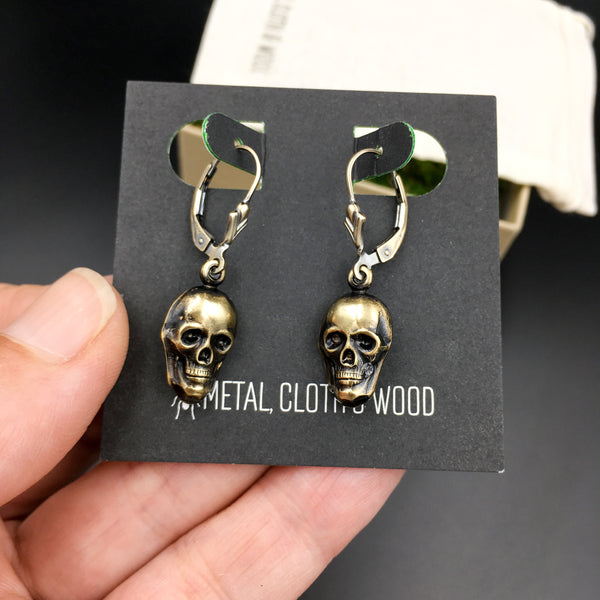 Gold Skull Dangle Earrings -- Handmade Cute Goth Brass Skull Drop Earrings with Gold Filled Leverbacks