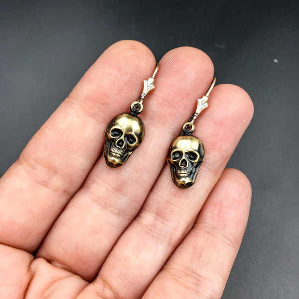 Gold Skull Dangle Earrings -- Handmade Cute Goth Brass Skull Drop Earrings with Gold Filled Leverbacks