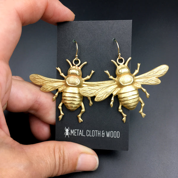 Antiqued Brass or Bright Gold Brass Bee Insect Earrings with Gold Filled Ear Wires
