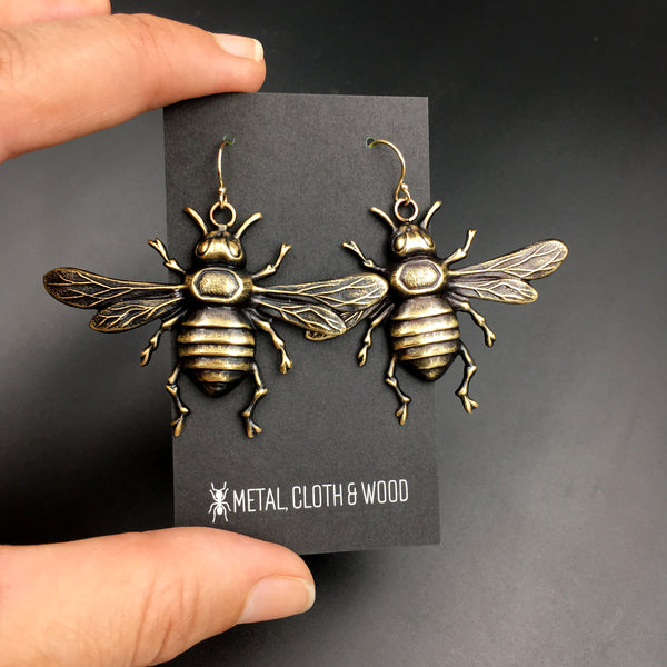 Antiqued Brass or Bright Gold Brass Bee Insect Earrings with Gold Filled Ear Wires