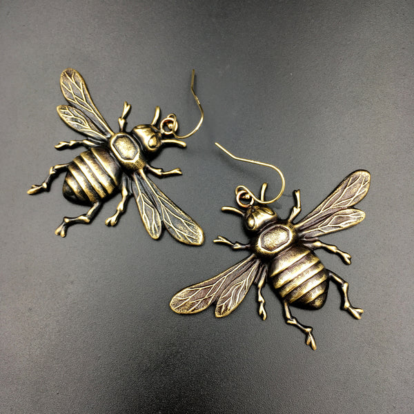 Antiqued Brass or Bright Gold Brass Bee Insect Earrings with Gold Filled Ear Wires