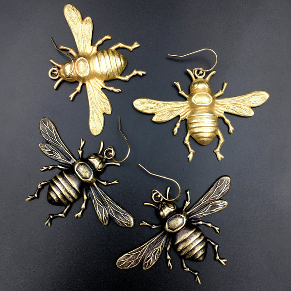 Antiqued Brass or Bright Gold Brass Bee Insect Earrings with Gold Filled Ear Wires