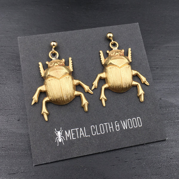Brass Scarab Beetle Earrings with Gold Filled Ball Post Earrings and Earring Backs