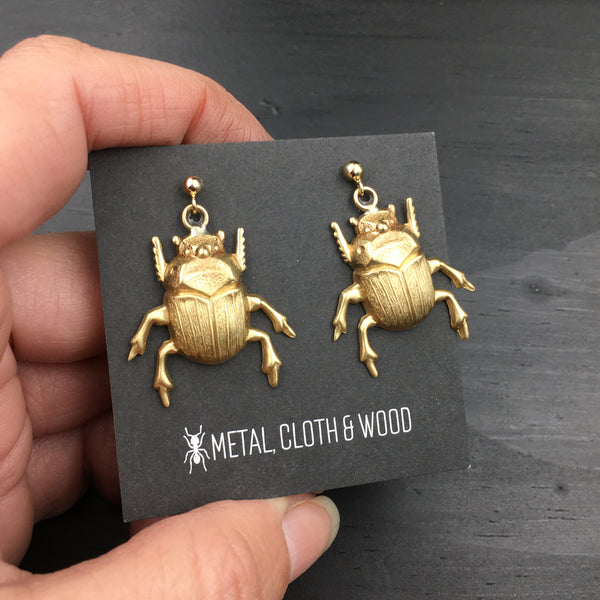 Brass Scarab Beetle Earrings with Gold Filled Ball Post Earrings and Earring Backs