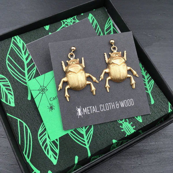 Brass Scarab Beetle Earrings with Gold Filled Ball Post Earrings and Earring Backs