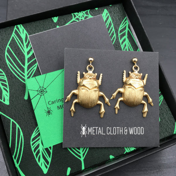 Brass Scarab Beetle Earrings with Gold Filled Ball Post Earrings and Earring Backs