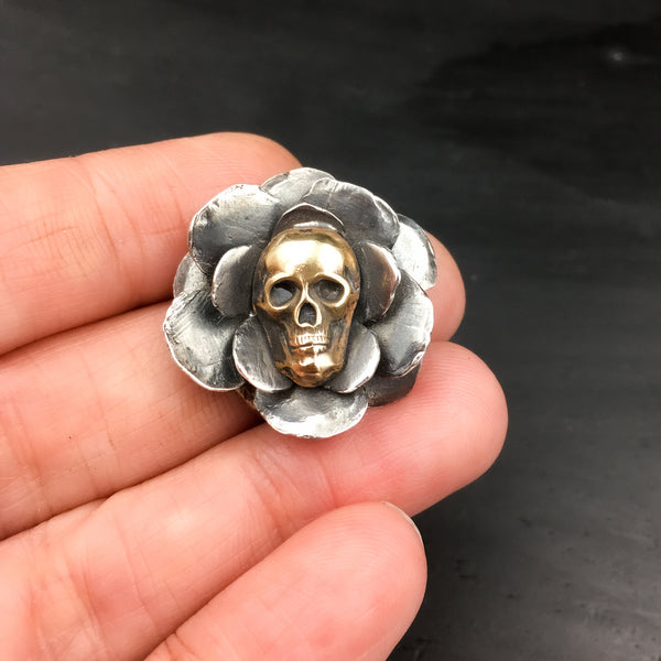 Handcrafted Sterling Silver Rose Brooch with Brass Skull