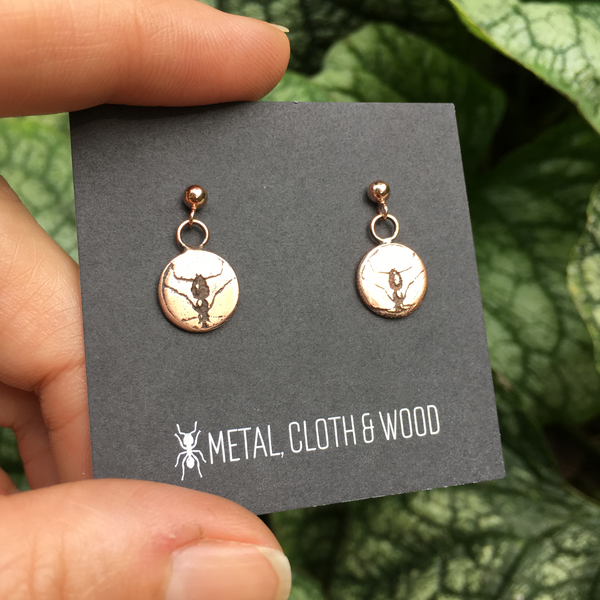 Handmade Copper and Rose Gold Filled Ant Stud Earrings -- Insect Jewelry