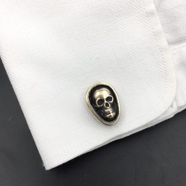 Handcrafted Brass Skull Cufflinks – Gothic Wedding Jewelry | Antiqued Gender Neutral Gold Cuff Links | Rocker, Biker & Alternative Formalwear Gift