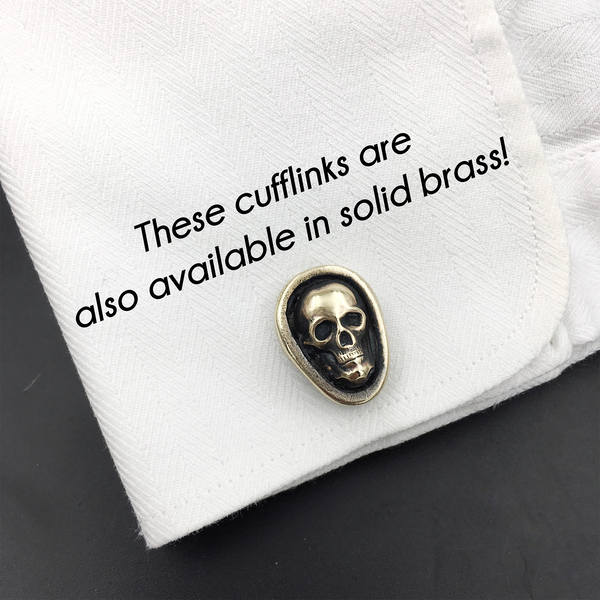 Handcrafted Sterling Silver Skull Cufflinks with Brass Accents – Gothic Wedding Jewelry | Unisex Antiqued Cuff Links for Men & Women