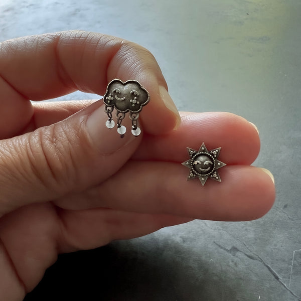 Sterling Silver Rain or Shine Celestial Sun and Cloud Mismatched Stud Earrings with Moonstone Raindrop Beads — Birthstone Customizable Gift