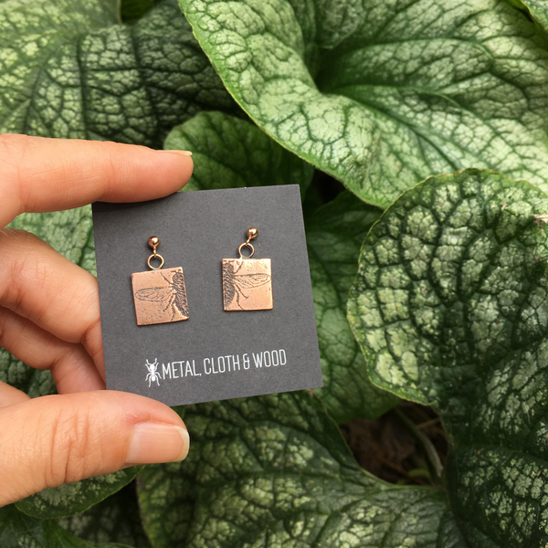 Handmade Copper and Rose Gold Filled Stud Earrings with Fly Insect Charms