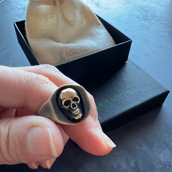 Chunky Bronze Skull Signet Ring — Hand Carved Ring Design in Bronze Featuring Brass Skull