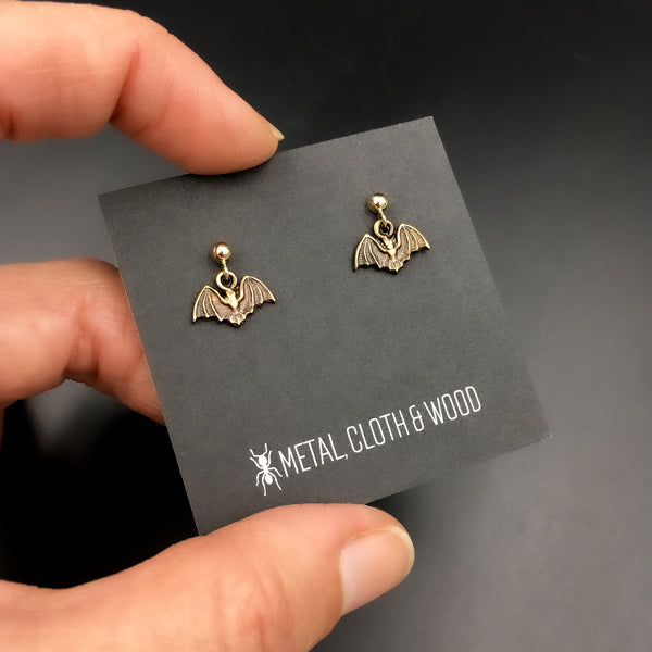 Dangling Bat Stud Earrings with Brass Bats and Gold Filled Posts and Earring Backs