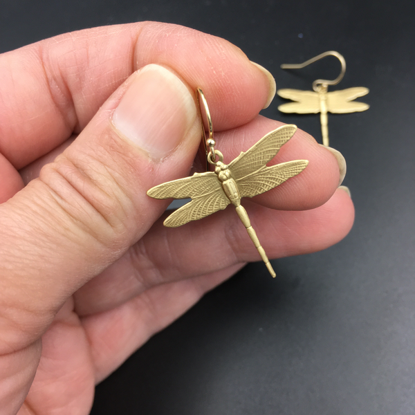 Brass and Gold Dragonfly Dangle Insect Earrings -- Perfect Gift for any Dragonfly Lover -- Available in Bright Gold or Antiqued Brass Finish