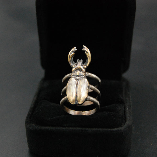 Sterling Silver and Brass Stag Beetle Insect Statement Ring -- Sizes 5 through 10 Available