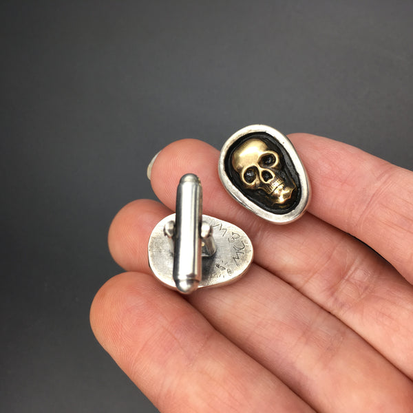 Handcrafted Sterling Silver Skull Cufflinks with Brass Accents – Gothic Wedding Jewelry | Unisex Antiqued Cuff Links for Men & Women