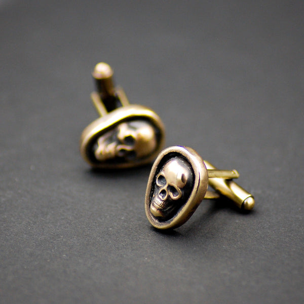 Handcrafted Brass Skull Cufflinks – Gothic Wedding Jewelry | Antiqued Gender Neutral Gold Cuff Links | Rocker, Biker & Alternative Formalwear Gift