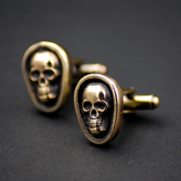 Handcrafted Brass Skull Cufflinks – Gothic Wedding Jewelry | Antiqued Gender Neutral Gold Cuff Links | Rocker, Biker & Alternative Formalwear Gift