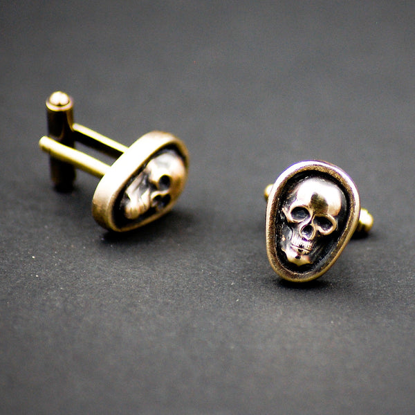 Handcrafted Brass Skull Cufflinks – Gothic Wedding Jewelry | Antiqued Gender Neutral Gold Cuff Links | Rocker, Biker & Alternative Formalwear Gift