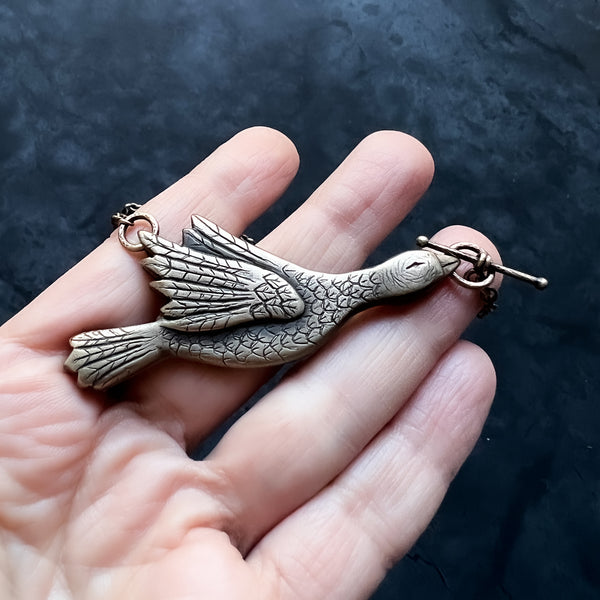 Bronze Hand Carved Goose Necklace with Toggle Clasp — Engraveable Bird Statement Necklace — You Choose the Length!