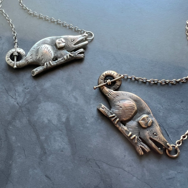 Bronze Opossum Necklace – Handmade Animal Pendant, Wildlife Jewelry, Recycled Bronze, Nature Lover Gift, Statement Jewelry