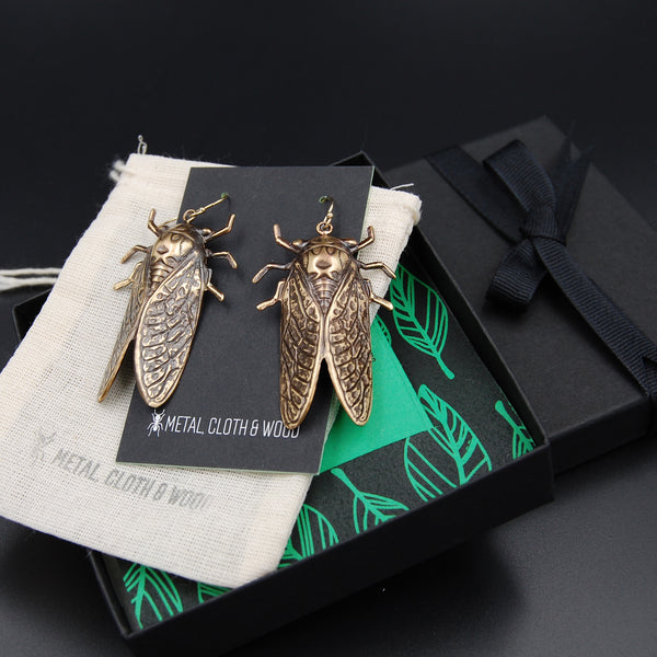 Brass and Gold Cicada Insect Earrings