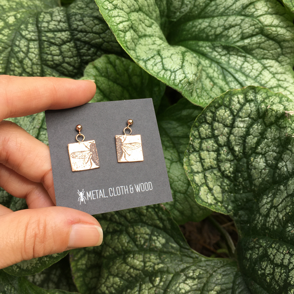 Handmade Copper and Rose Gold Filled Stud Earrings with Fly Insect Charms