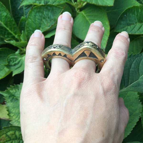Handmade Brass Double Ring – Custom Two-Finger Statement Ring for Women & Men, Bold Sculptural Jewelry, Made in USA