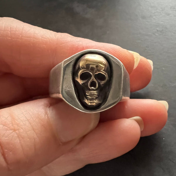 Chunky Sterling Silver Skull Signet Ring — Hand Carved Ring Design in Certified Green Recycled 925 Sterling Silver Featuring Raw Brass Skull