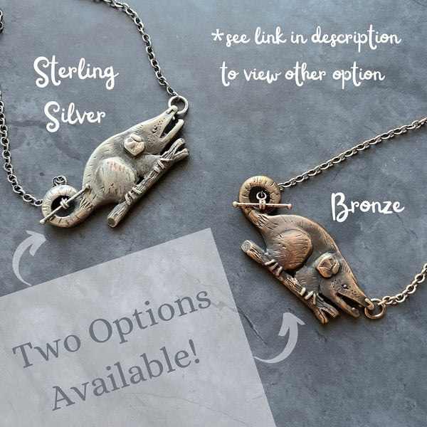 Bronze Opossum Necklace – Handmade Animal Pendant, Wildlife Jewelry, Recycled Bronze, Nature Lover Gift, Statement Jewelry