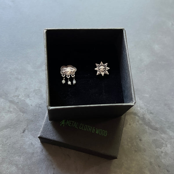 Sterling Silver Rain or Shine Celestial Sun and Cloud Mismatched Stud Earrings with Moonstone Raindrop Beads — Birthstone Customizable Gift