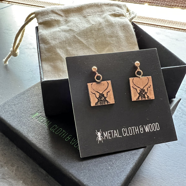 Handmade Copper and Rose Gold Filled Dangle Stud Earrings with Beetles -- Unique Bug Lover Gift!