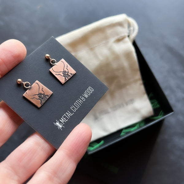 Handmade Copper and Rose Gold Filled Dangle Stud Earrings with Beetles -- Unique Bug Lover Gift!