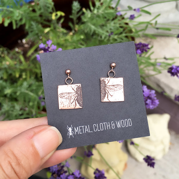 Handmade Copper and Rose Gold Filled Stud Earrings with Fly Insect Charms
