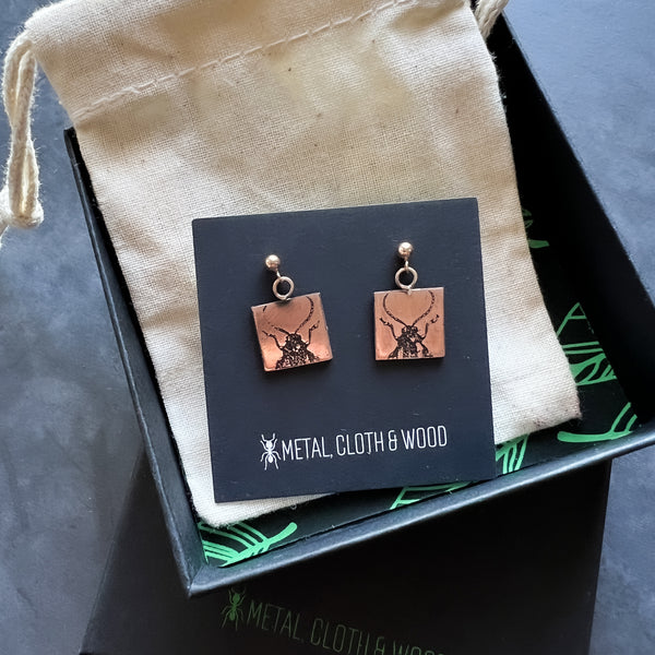 Handmade Copper and Rose Gold Filled Dangle Stud Earrings with Beetles -- Unique Bug Lover Gift!