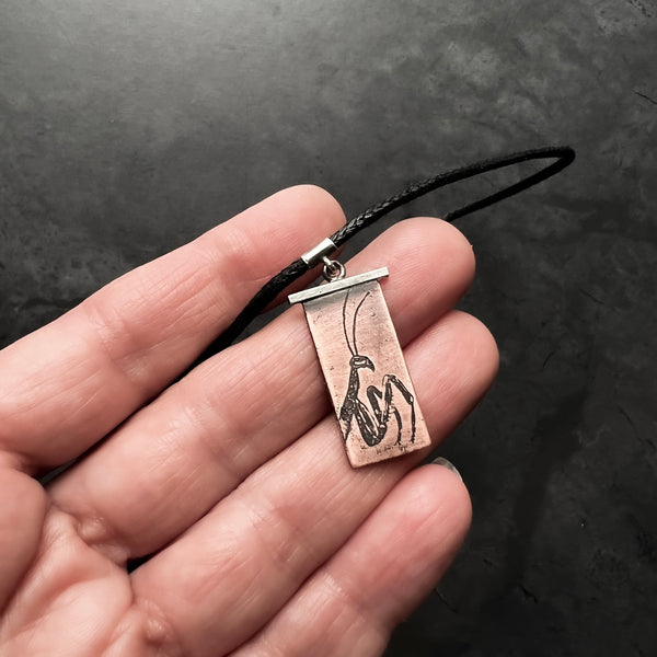 Adjustable Vegan Choker with Copper and Silver Praying Mantis Pendant β 13" Choker with 3" Sterling Silver Extension Chain