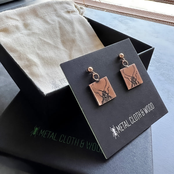 Handmade Copper and Rose Gold Filled Dangle Stud Earrings with Beetles -- Unique Bug Lover Gift!