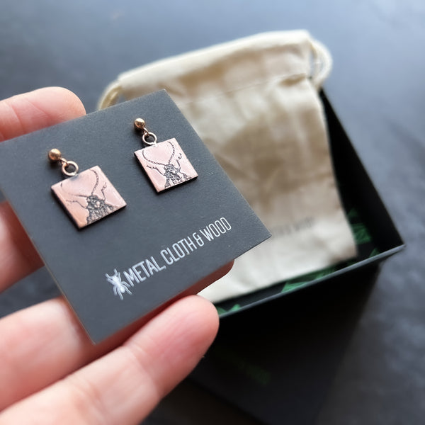 Handmade Copper and Rose Gold Filled Dangle Stud Earrings with Beetles -- Unique Bug Lover Gift!