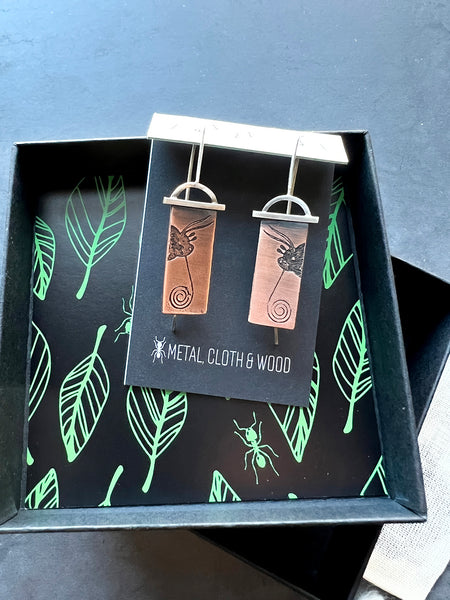 Handmade Moth Face Insect Jewelry Earrings in Antiqued Copper & Sterling Silver