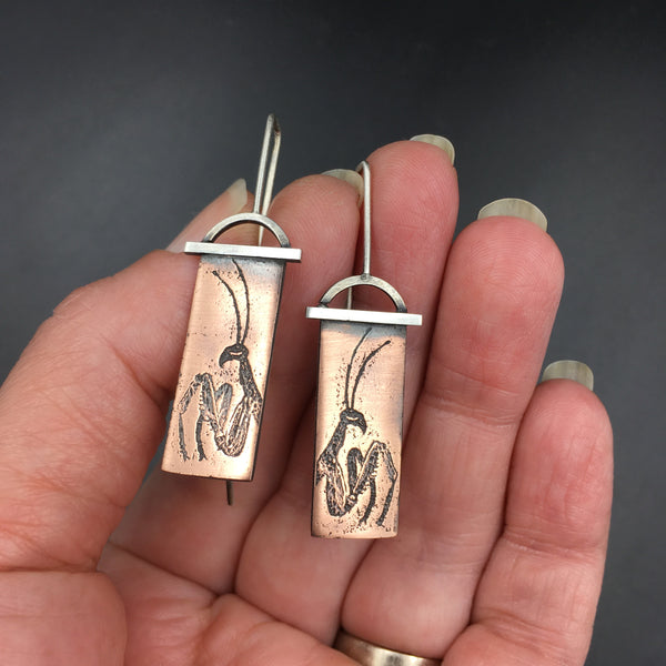 Unique Sterling Silver and Antiqued Copper Praying Mantis Earrings for Insect Jewelry Lovers