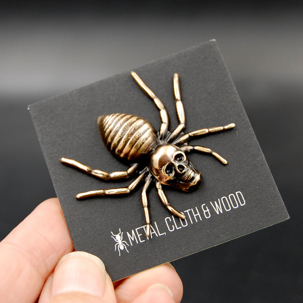 Handmade Spooky Spider Pin with Human Skull, Unique Brooch Perfect for Halloween Active