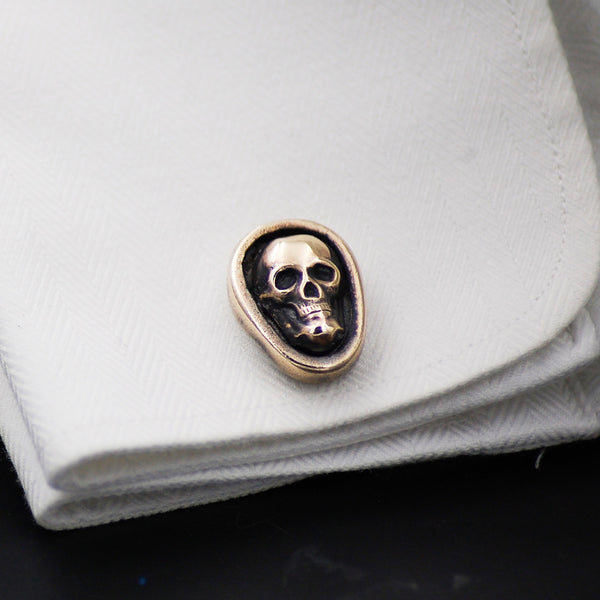 Handcrafted Brass Skull Cufflinks – Gothic Wedding Jewelry | Antiqued Gender Neutral Gold Cuff Links | Rocker, Biker & Alternative Formalwear Gift