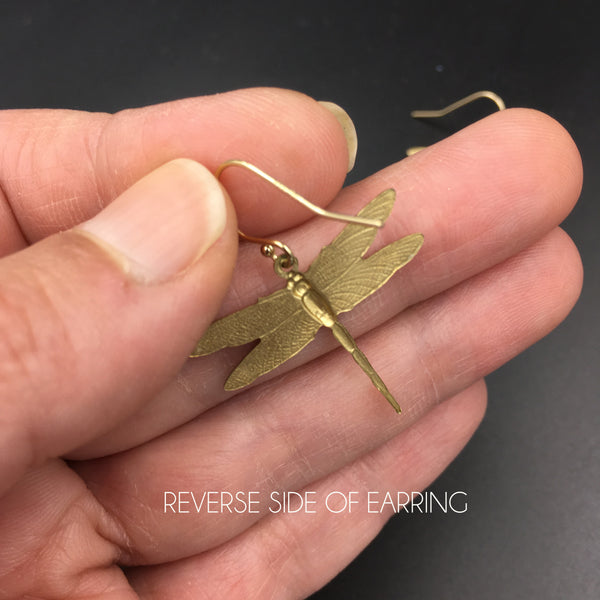 Brass and Gold Dragonfly Dangle Insect Earrings -- Perfect Gift for any Dragonfly Lover -- Available in Bright Gold or Antiqued Brass Finish