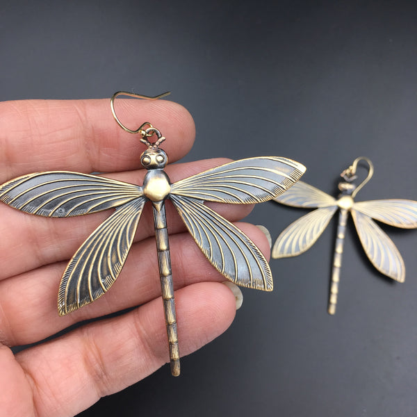 Brass Dragonfly Insect Earrings -- Available in Antiqued or Bright Gold!